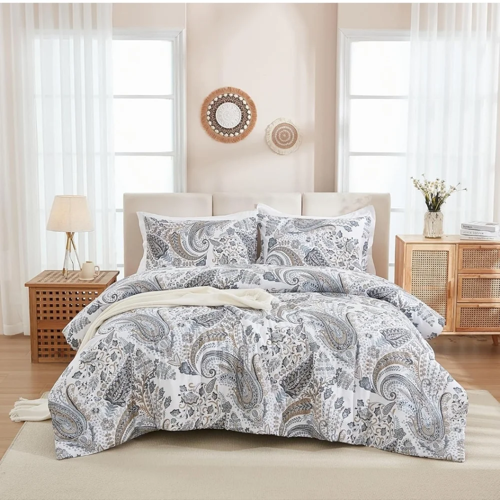 Grey Blue Paisley Duvet Set King Size 3 Pieces 100% Cotton Boho Paisley Pattern